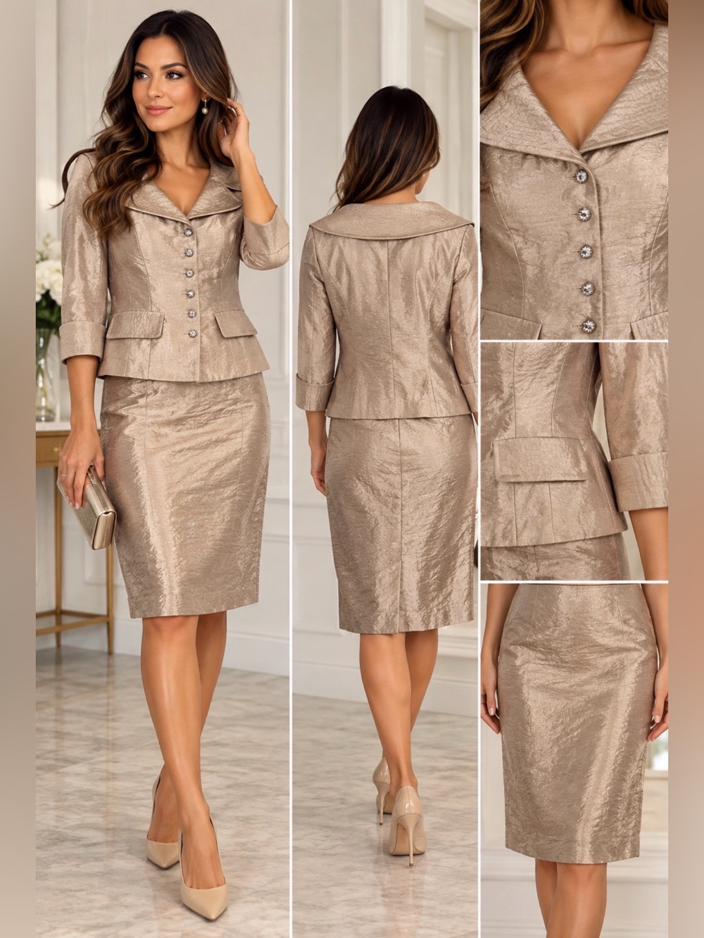 Adrianna Papell 2pc Skirt Suit Sz 10 Beige 5-Button 3/4 Sleeve Formal